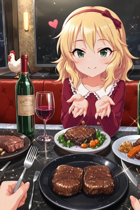 detailed background, shiny skin, posing,
heart, bloom, glitter, sparkle,
<lora:dinnerwaifu.il:1>,
dinnerwaifu,
chicken, beef, steak, wine, wine bottle,
pov, hands, fork, knife, utensil,
<lora:deresute.il:1>,
deresute,
momoka,