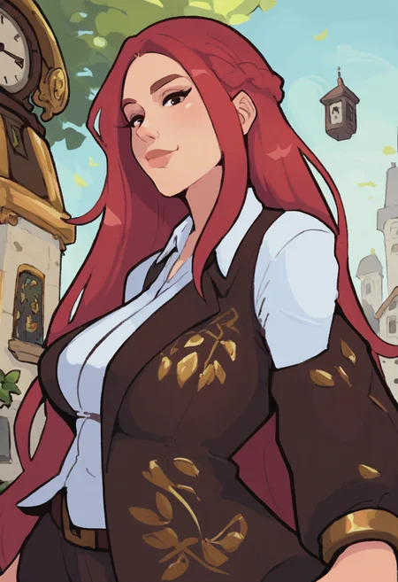score_9, score_8_up, score_7_up, 1girl, mature_female, large_breasts, portrait, solo, looking_at_viewer, open_eyes, Walking with a prancing step, perspective, (Gold Kaross), absurdly long hair, french braid, Strawberry Red hair, clock tower, lower_body, rating_safe, <lora:pony\artist_styles\hornyx_pony:1.0>