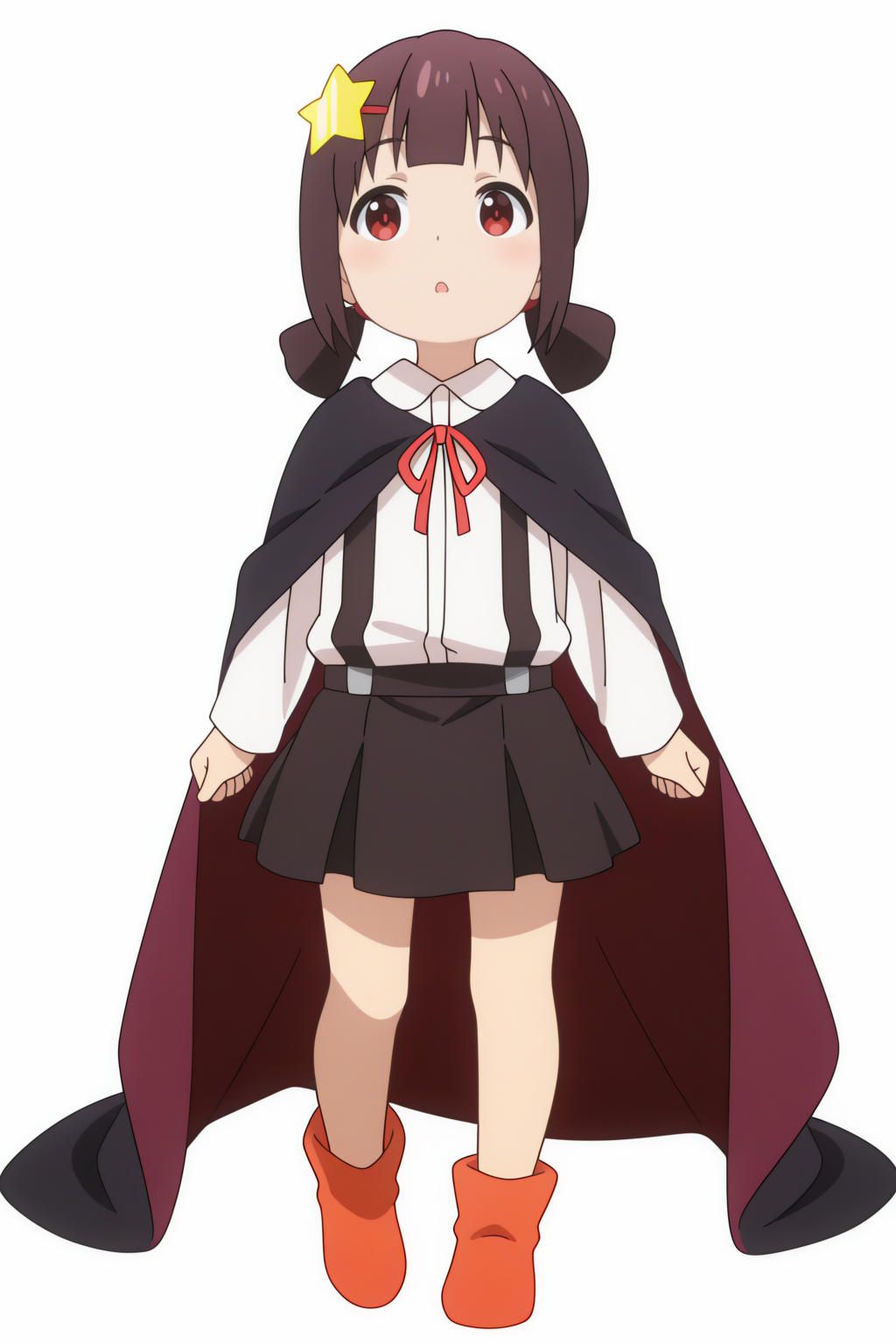 full body,  Komekko, twintails, star hair ornament, short hair, cape, suspender skirt, red ribbon, collared shirt <lora:Konosuba_Bakuen_-_Komekko_-_illustrious:0.8>