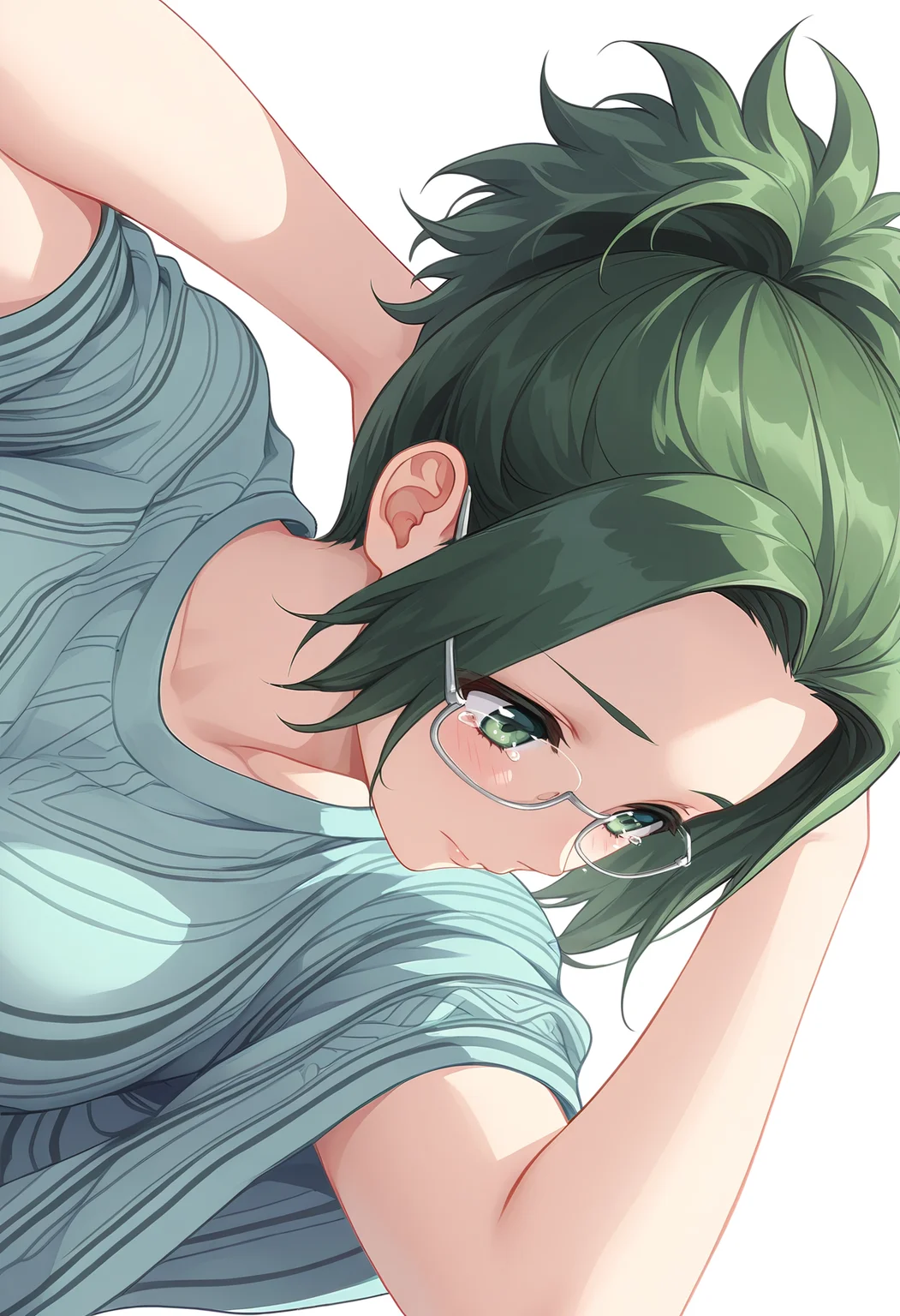 Smooth Quality,masterpiece,very intricate, high quality details, ultra realistic, high detailed skin,
simple background, white background, tears,
sideways,lying, hands behind head, knee bent, relaxed, casual, ,
solo,
<lora:Agari_Himiko_cnn:0.8> agarihimikocnn,1girl,green eyes, short hair,glasses, ponytail,green hair,
poncho, ,pullover,,hot pants, ,
Chihunhentai