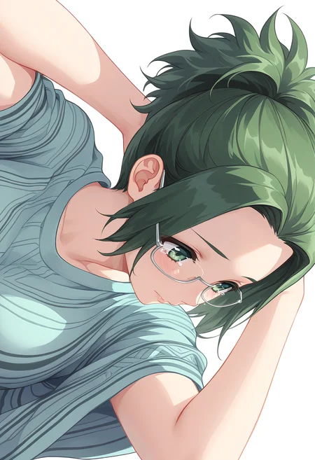 Smooth Quality,masterpiece,very intricate, high quality details, ultra realistic, high detailed skin,
simple background, white background, tears,
sideways,lying, hands behind head, knee bent, relaxed, casual, ,
solo,
<lora:Agari_Himiko_cnn:0.8> agarihimikocnn,1girl,green eyes, short hair,glasses, ponytail,green hair,
poncho, ,pullover,,hot pants, ,
Chihunhentai