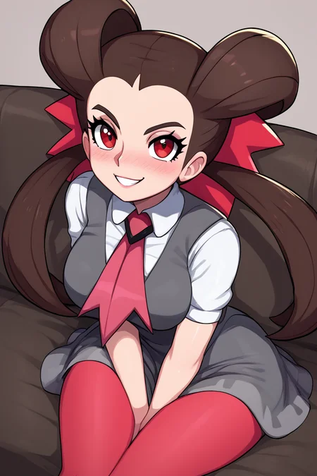 score_9, score_8_up, score_8, medium breasts, (curvy), cute, eyelashes,      ,,,  zzRoxanne, red eyes, long hair, brown hair, twintails, hair pulled back, pantyhose, ascot, grey dress, short sleeves, ribbon, shirt, hair ribbon, <lora:Roxanne_Pokemon_PDXL:1.0> ,,, hand between legs, blush, smug,  ,,,  smile, looking at viewer, blush, blurry, couch, sitting,   ,,, <lora:Afrobull_PDXL_v5:0.8>, ,  ,,, BREAK,   smile, looking at viewer, cowboy shot,   embedding:zPDXL, Expressiveh, <lora:SDXLFaeTastic2400:0.5>,  <lora:Expressive_H-000001:0.4>,