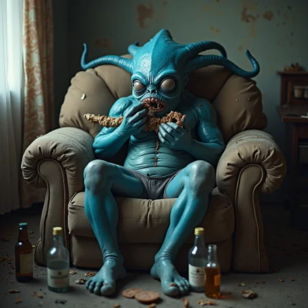 A bizarre blueish alien creature with tentacles, extremely drunk, slumped on a couch in a dirty apartment, eating kebab, surrounded by empty alcohol bottles