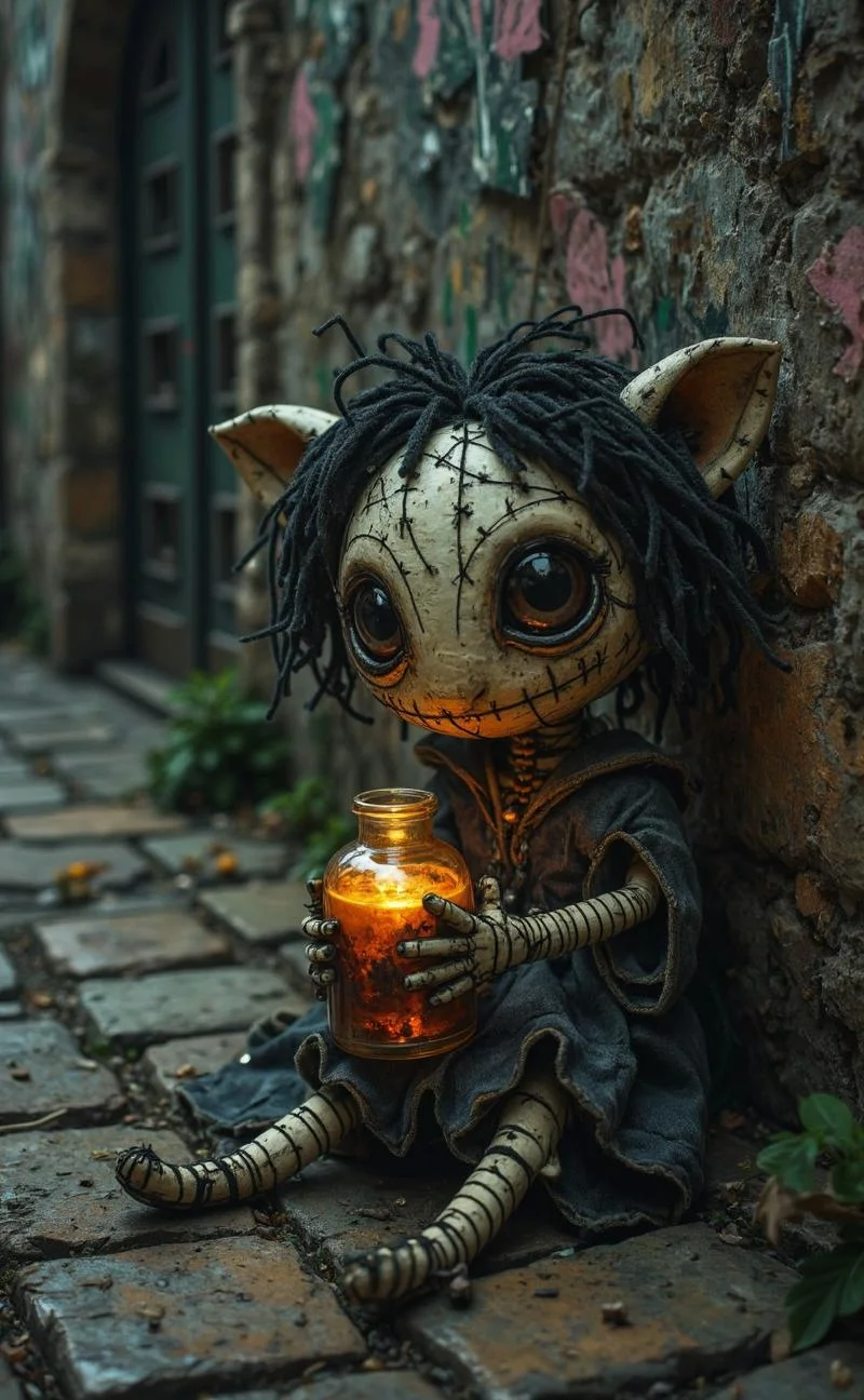 <lora:ck-Ivan-Beslic-Art-Style-000019.safetensors:1> A highly detailed and vibrant digital painting in the style of ck-ib
On the weathered cobblestones of a dimly lit street, a whimsical, handcrafted creature toy rests, its form blending into the mural-like flatness of the aged wall. The creature, a creation of intricate artistry, features a stitched-together face with deep, soulful eyes, disheveled hair that appears to be made of frayed threads, and a ratty gray dress that seems to have been mended countless times. The toy holds a glowing potion-filled glass vial, its deep orange hue radiating a mysterious, otherworldly light that stands out against the muted, dark color palette of the scene.
The street around the toy is a tapestry of faded greens, grays, and dusky pinks, the colors of a world long faded. The rough, distressed surface of the cobblestones and the walls adds a tactile quality, as if the viewer could reach out and feel the rough, weathered textures. Subtle, diffused lighting, reminiscent of the dim natural light of dusk, casts long, soft shadows, while a soft, eerie glow emanates from the potion vial, casting an ethereal light that enhances the whimsical mystery of the scene.
The creature toy is positioned off-center, adhering to the rule of thirds, drawing the eye to its detailed features. Fine details, like the stitches on its face and the delicate lines of its disheveled hair, stand out selectively, adding a sense of minimalist intricacy. The background is blurred, emphasizing the toy and evoking a mystical medieval vibe, where beauty and a faintly eerie, surreal tone coexist in perfect harmony.