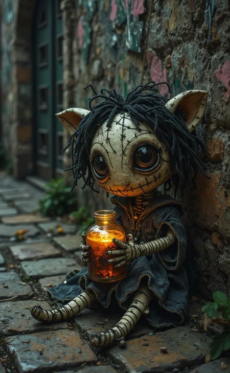 <lora:ck-Ivan-Beslic-Art-Style-000019.safetensors:1> A highly detailed and vibrant digital painting in the style of ck-ib
On the weathered cobblestones of a dimly lit street, a whimsical, handcrafted creature toy rests, its form blending into the mural-like flatness of the aged wall. The creature, a creation of intricate artistry, features a stitched-together face with deep, soulful eyes, disheveled hair that appears to be made of frayed threads, and a ratty gray dress that seems to have been mended countless times. The toy holds a glowing potion-filled glass vial, its deep orange hue radiating a mysterious, otherworldly light that stands out against the muted, dark color palette of the scene.
The street around the toy is a tapestry of faded greens, grays, and dusky pinks, the colors of a world long faded. The rough, distressed surface of the cobblestones and the walls adds a tactile quality, as if the viewer could reach out and feel the rough, weathered textures. Subtle, diffused lighting, reminiscent of the dim natural light of dusk, casts long, soft shadows, while a soft, eerie glow emanates from the potion vial, casting an ethereal light that enhances the whimsical mystery of the scene.
The creature toy is positioned off-center, adhering to the rule of thirds, drawing the eye to its detailed features. Fine details, like the stitches on its face and the delicate lines of its disheveled hair, stand out selectively, adding a sense of minimalist intricacy. The background is blurred, emphasizing the toy and evoking a mystical medieval vibe, where beauty and a faintly eerie, surreal tone coexist in perfect harmony.