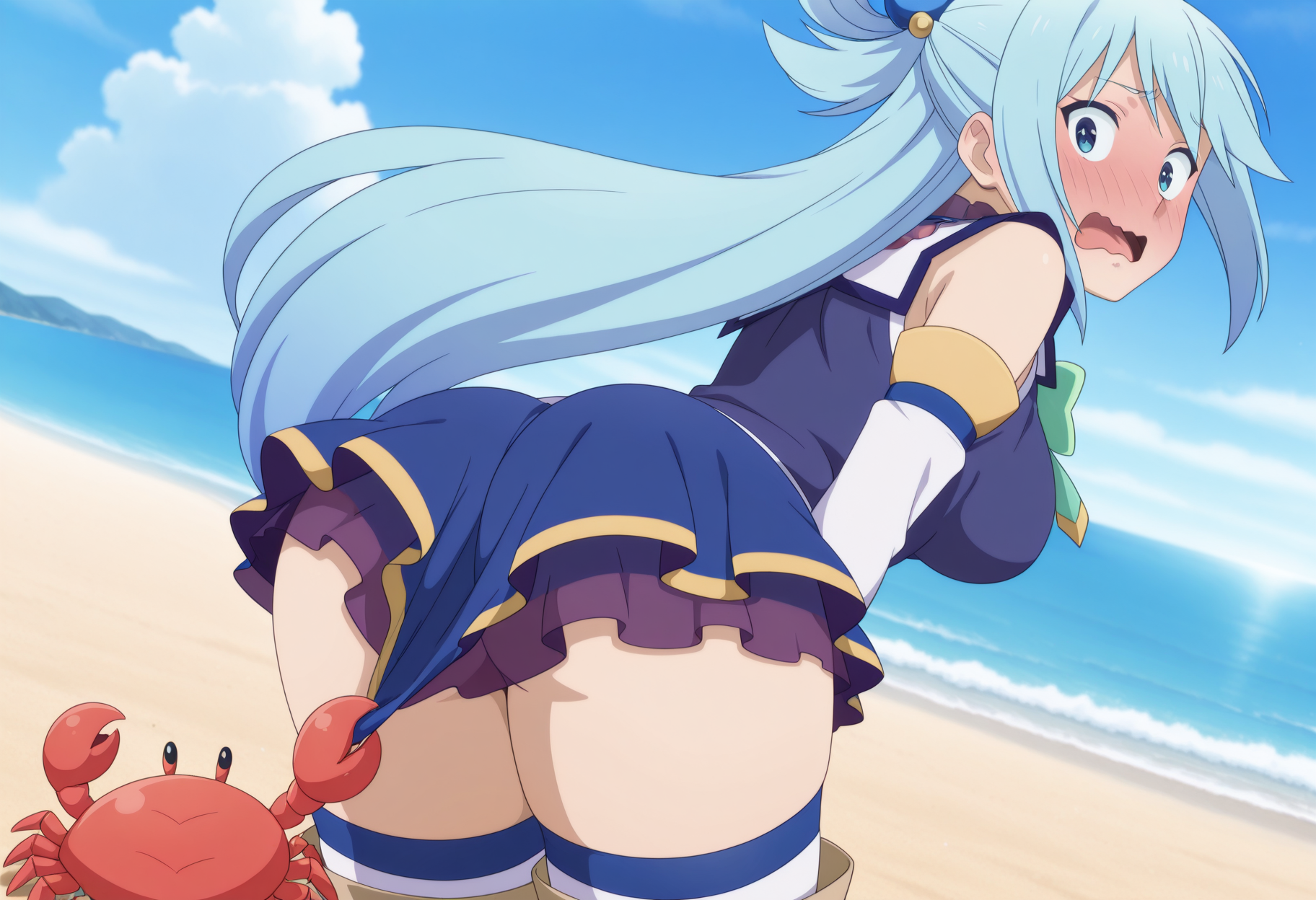 masterpiece,best quality,amazing quality,very aesthetic, absurdres, highres, newest, anime screencap, anime coloring,ocean, beach,(solo),
BREAK
looking back, blush, wavy mouth, embarrassed,, animal pulling clothes, skirt pulling skirt, crab, pokemon (creature), skirt pull, ass, <lora:animal_pulling_clothes_illustrious:0.7>,  <lora:konosuba-aqua-s2-illustriousxl-lora-nochekaiser:0.8> aqua (konosuba), long hair, blue eyes, hair ornament, very long hair, blue hair, hair rings, single hair ring, hair bobbles, mature female, breasts, anime screencap || skirt, shirt, thighhighs, bare shoulders, detached sleeves, white thighhighs, blue skirt, blue shirt, green bow,skirt tug,
