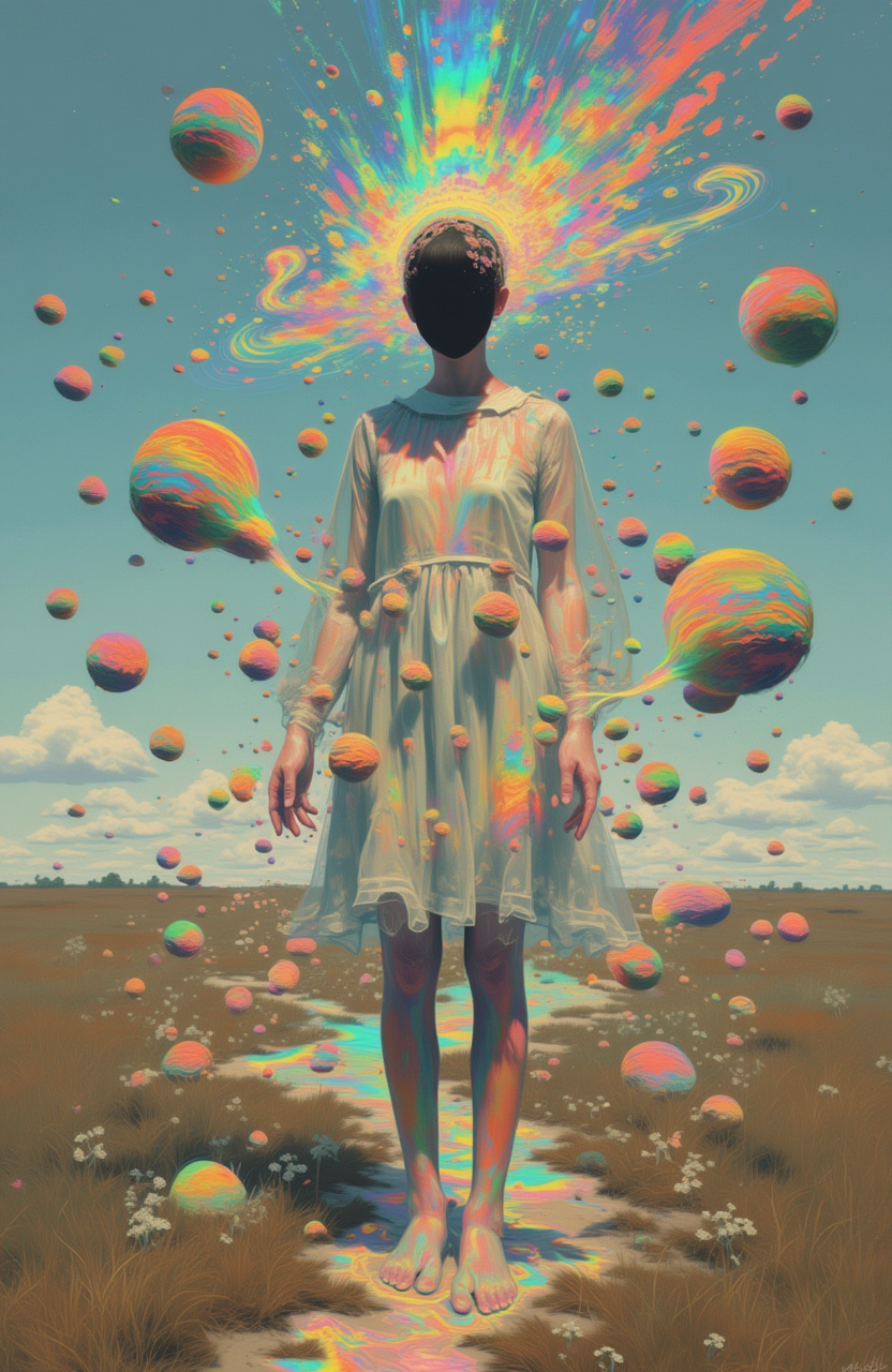 psycho_4rt, This is an artheon-style painting that merges the surreal with the abstract. The scene depicts a woman standing in a field of floating orbs, her dress made of translucent fabric that seems to dissolve into the air around her.