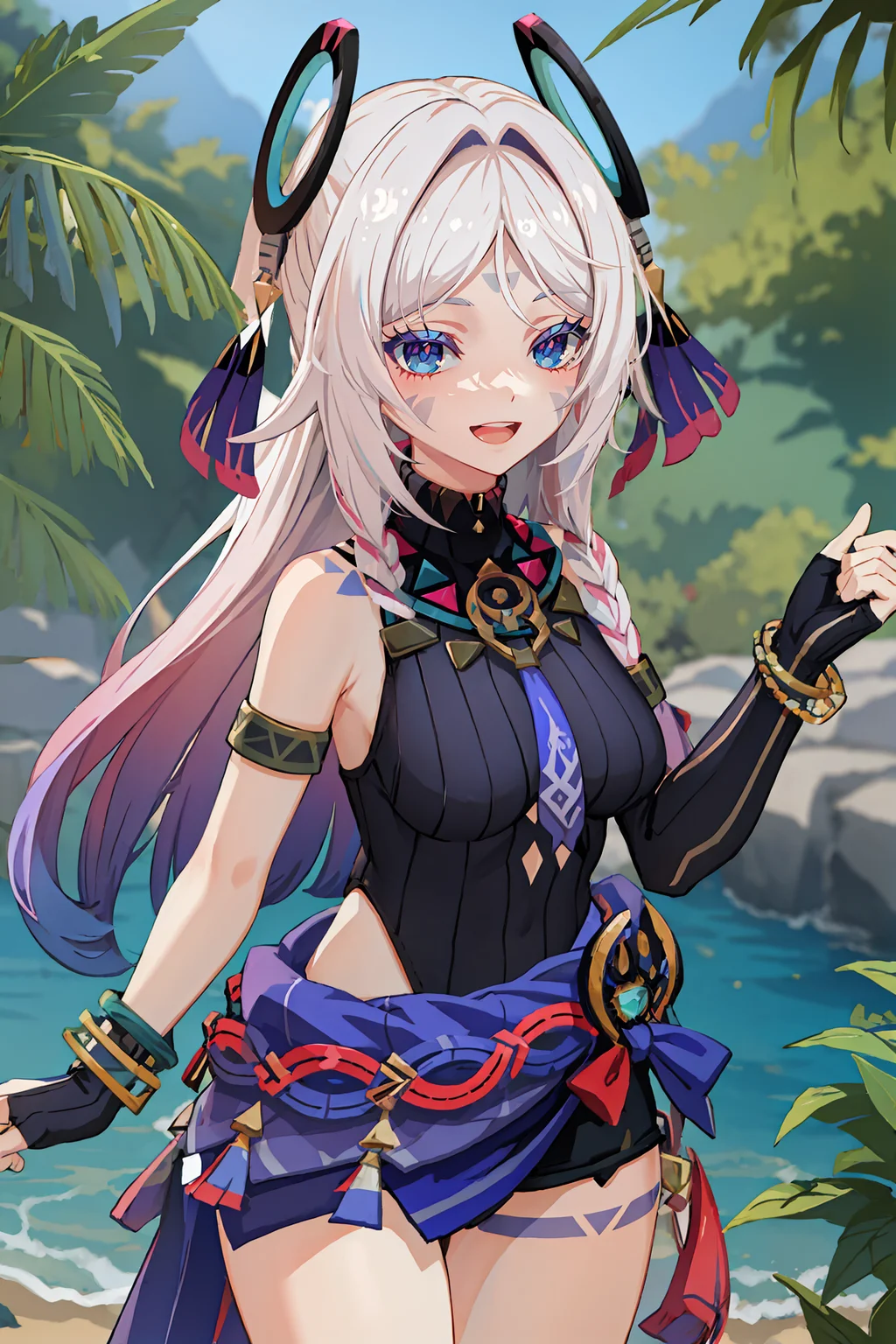 1girl, citlali \(genshin impact\), fingerless gloves, armlet, sarong, facial mark, bracelet, ring hair ornament, turtleneck leotard, leg tatoo, single gauntle, looking at viewer, smiling, open mouth, jungle, outdoors, depth of field, standing, cowboy shot