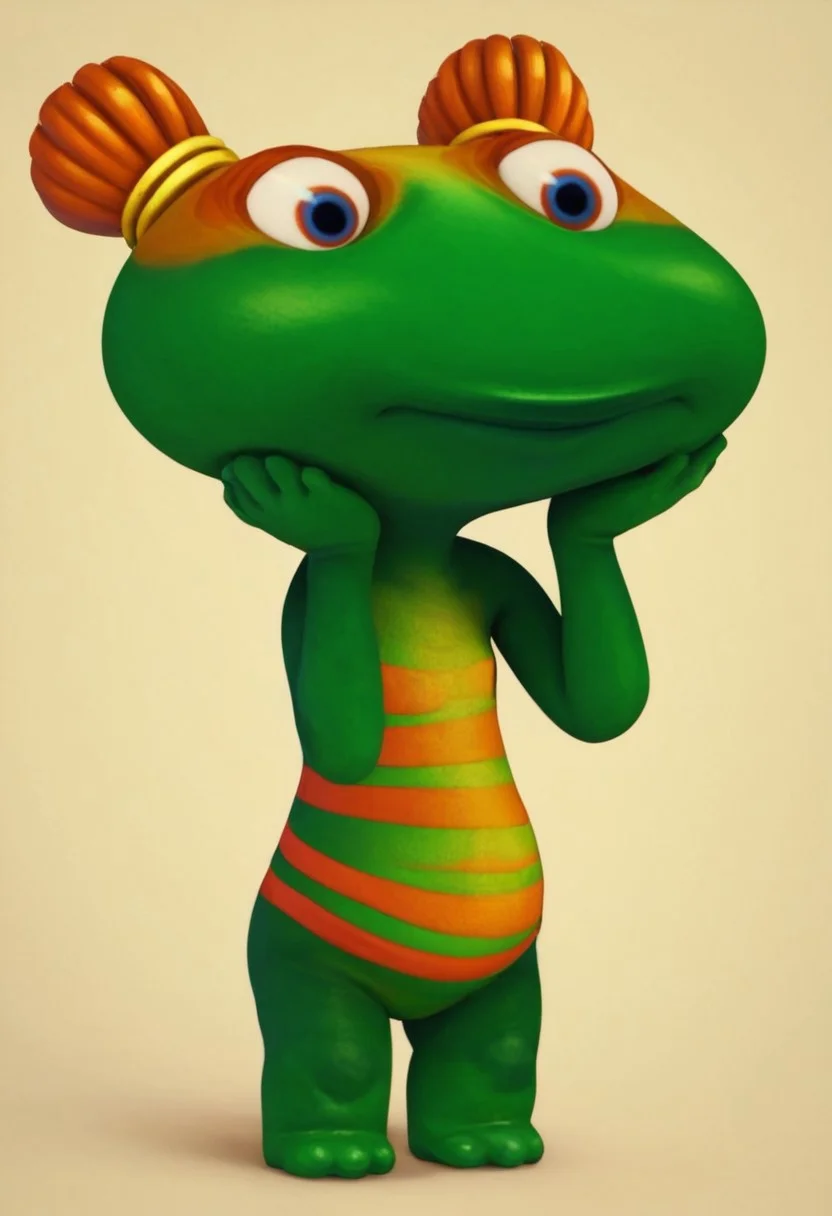 lulu zipadoo, 1girl, furry, anthro, female turtle (frog shaped head), green skin, blue eyes, orange eyelid, orange hair, yellow hair ties, pigtails, wide head, chibi, 3 oranges stripes around belly, plump, little tail, wide hips, short body, short legs, Expressiveh, realistic, 3d, wide eyed, score_8_up, score_7_up, BREAK, 1girl, solo, closeup, frown, hands on cheeks, no shell, bare hands