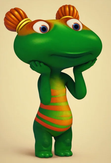 lulu zipadoo, 1girl, furry, anthro, female turtle (frog shaped head), green skin, blue eyes, orange eyelid, orange hair, yellow hair ties, pigtails, wide head, chibi, 3 oranges stripes around belly, plump, little tail, wide hips, short body, short legs, Expressiveh, realistic, 3d, wide eyed, score_8_up, score_7_up, BREAK, 1girl, solo, closeup, frown, hands on cheeks, no shell, bare hands