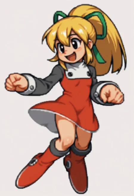 score_9, score_8_up, score_7_up BREAK RollMvC, 1girl, blonde hair, ponytail, black eyes, green ribbon, white collar with black buttons, red dress, long gray sleeves, white cuffs, red white boots, full body, smiling,