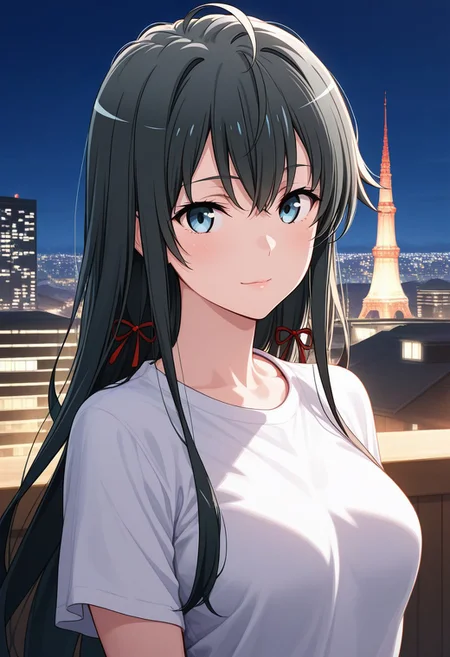 (Best quality , 8K , masterpiece) , Best illustration , Yukinoshita Yukino, 1girl, medium breasts, soft smile, detailed lips, soft lips, glossy lips, white t-shirts, ((looking for viewers)), tower, night