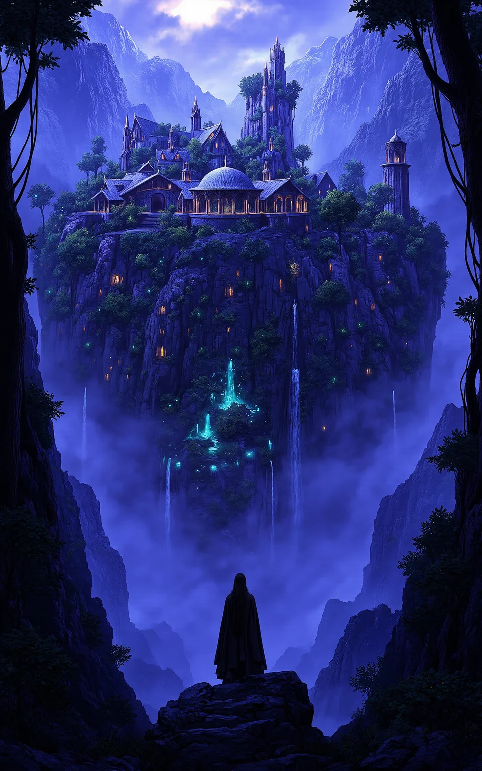 a vast skyborne elven city hovering above a sea of clouds,designed with leaf-shaped buildings and shimmering domes,bioluminescent vines wrapping around the structures,twilight lighting with a violet and indigo color palette,cinematic wide-angle view,magical fantasy style.,
<lora:aidmaMJ6.1_v0.5_3:0.6>,aidmaMJ6.1,<lora:klordoftherings-01:0.8>,klordoftherings,