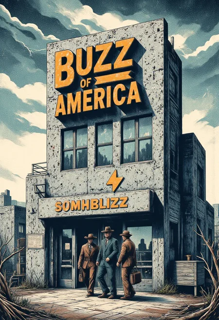 text saying "Buzz of America", cowboy shot of an american bank with (SuchBuzzLogo) logo at the entrance near the name "Buzz of America", modern building with brutalist architecture, a couple of executive walking in the distance, storm, clouds, realistic, fantasy score_8_up, score_7_up, novel style, bleak background, photoshot for a bank commercial