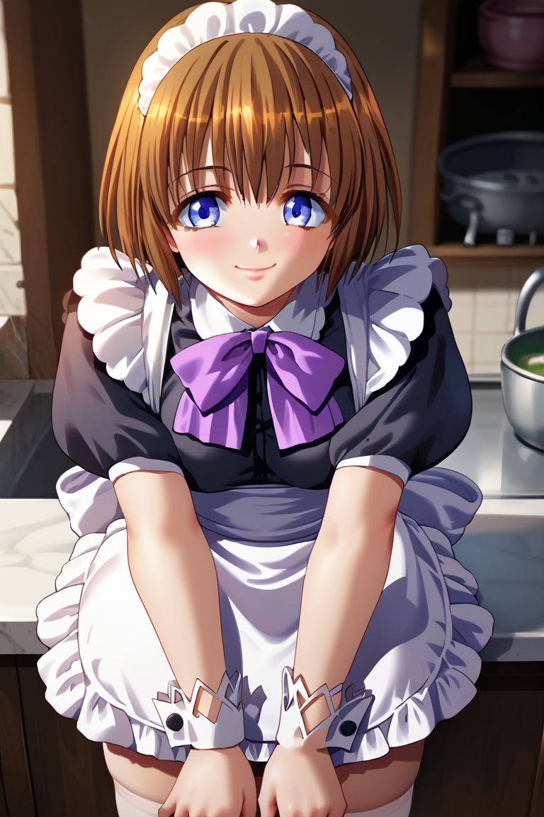score_9, score_8_up, score_7_up, score_6_up, ,high quality, very detailed, 4k resolution, 1girl,solo focus,HimeEster, MaiEster,brown hair,short hair,tareme eyes,maid headdress,maid dress,pruple ribbon,short sleeves,silk cuffs,apron,stockings,Mary janes,close up,old kitchen,hand on legs,smile,happy face,cute face <lora:Ester:1>