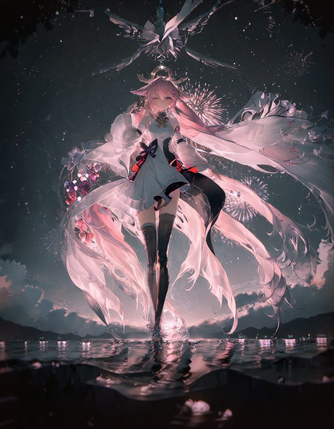 detailed, aesthetic, beautiful, beautiful color, amazing quality, best quality, 1girl, long hair, solo, purple eyes, smile, grin, one eye closed, looking at viewer, bangs, yae miko, floppy ears, pink hair, long sleeves, skirt hold, bare shoulders, <lora:Rella:1>, white dress, standing, flower, outdoors, sky, barefoot, water, white dress, blurry, night, depth of field, star (sky), night sky, wading, starry sky, wide shot, fireworks, aerial fireworks