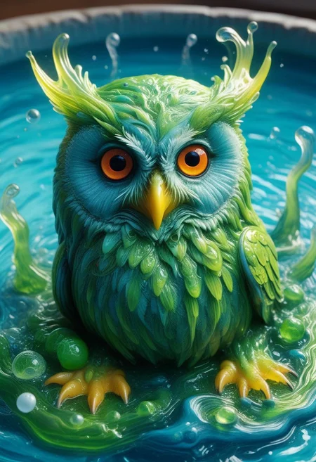 Owl, swimming in pool of ooze, slimy, extremely detailed, hyperrealistic, detailed background, slime-morph