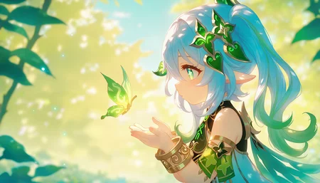 1girl, nahida \(genshin impact\), green eyes, solo, pointy ears, dress, bracelet, long hair, white dress, white hair, multicolored hair, outdoors, jewelry, hair ornament, detached sleeves, gradient hair, leaf hair ornament, from side, green hair, side ponytail, cape, sleeveless dress, ponytail, symbol-shaped pupils, profile, sleeveless, REMEMX