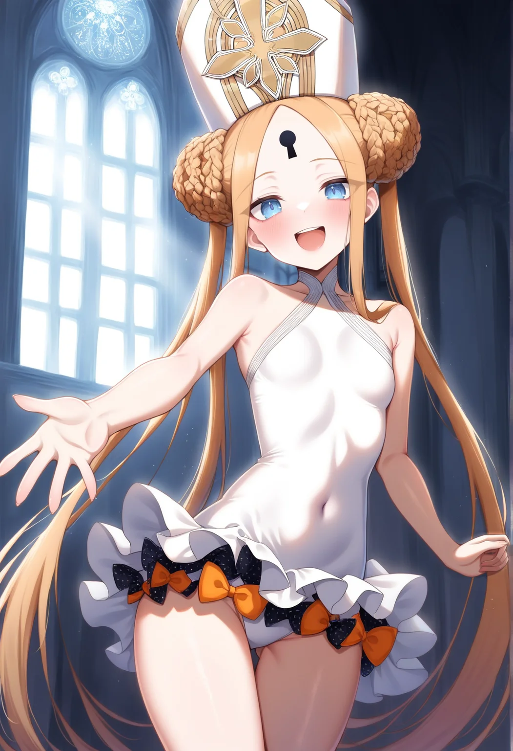 1girl, blonde hair, long hair, blue eyes, forehead, double bun, braided bun, twintails, sidelocks, keyhole, forehead mark, one-piece swimsuit, dress swimsuit, polka dot bow, orange bow, white headgear, mitre, reaching towards viewer, standing, smile, open mouth, indoors, church, sunlight  <lora:Abby_Illus:1>, masterpiece, best quality, amazing quality, very aesthetic, absurdres, highres, newest