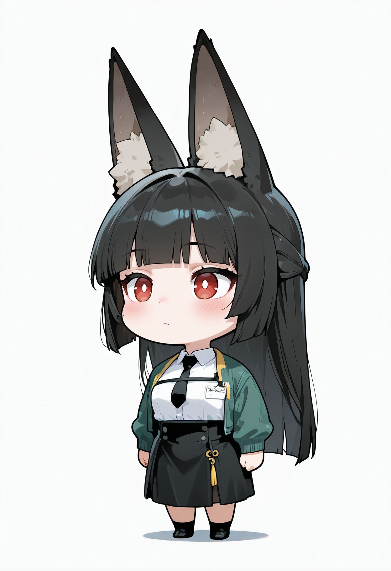 masterpiece,best quality,amazing quality, sharp details, vivid color <lora:miyabi_zzz _ilxl_goofy:1>miyabizzz,bright pupils,1girl, animal ear fluff, animal ears, big eared miyabi \(meme\), black hair, black necktie, black skirt, blunt bangs, blush, chibi, chibi only, dress shirt, fox ears, fox girl, green jacket, high-waist skirt, jacket, long hair, looking ahead, meme, necktie, red eyes, shadow, shirt, sidelocks, simple background, skirt, solo, standing, white background, white shirt