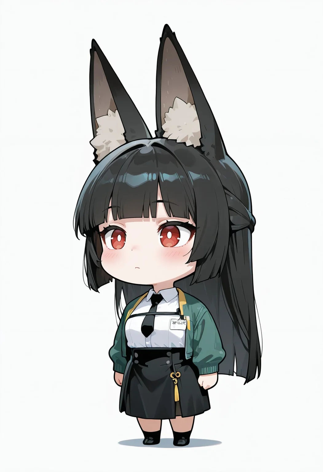 masterpiece,best quality,amazing quality, sharp details, vivid color <lora:miyabi_zzz _ilxl_goofy:1>miyabizzz,bright pupils,1girl, animal ear fluff, animal ears, big eared miyabi \(meme\), black hair, black necktie, black skirt, blunt bangs, blush, chibi, chibi only, dress shirt, fox ears, fox girl, green jacket, high-waist skirt, jacket, long hair, looking ahead, meme, necktie, red eyes, shadow, shirt, sidelocks, simple background, skirt, solo, standing, white background, white shirt