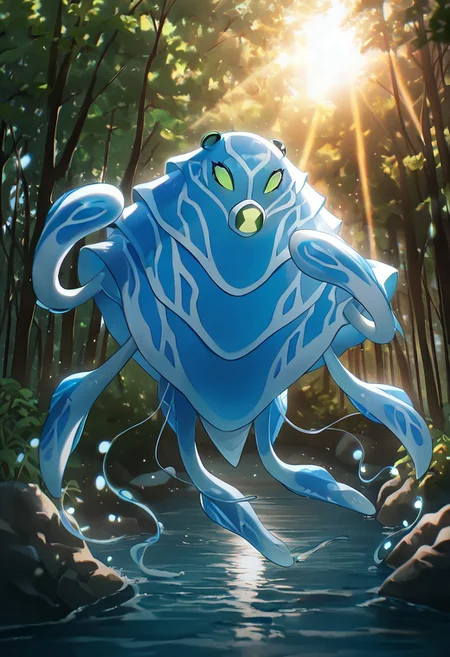 masterpiece, best quality, amazing quality, very aesthetic, absurdres, newest,, detailed background, 
 ampfibian, full body, pokemon (creature), no humans, colored sclera, green eyes, blue skin, tentacles, extra eyes, colored skin, squid, jellyfish,   no mouth, 
upper body,, solar bear, sun beam, run ray, trees, dynamic pose,
