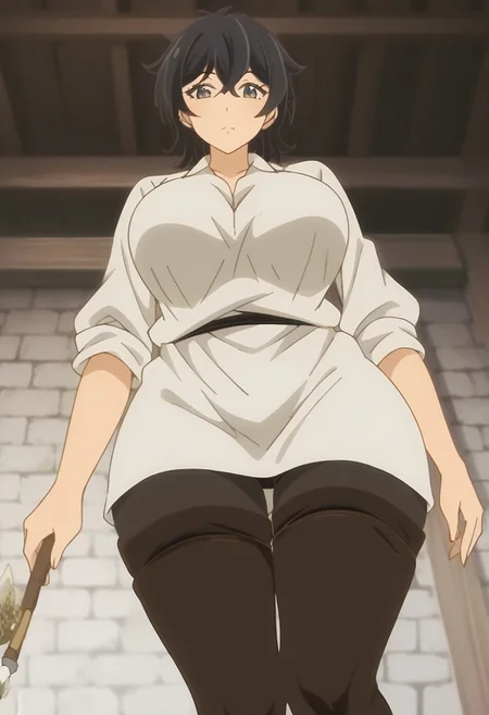 score_9, score_8_up, score_7_up, source_anime, rating_safe, LeoArte, 1girl, female focus, black hair, mature female, black hair, anime screencap, medieval white shirt, ultra cute girl, kawaii, cute girl, curvy, sleeves rolled up, black cloth strip around waist, black skirt, thigh high brown boots, holding paintbrush, anime is absolute treasure for creatives, from below, pantyhose, skindentantion, huge thighs, wide hips
