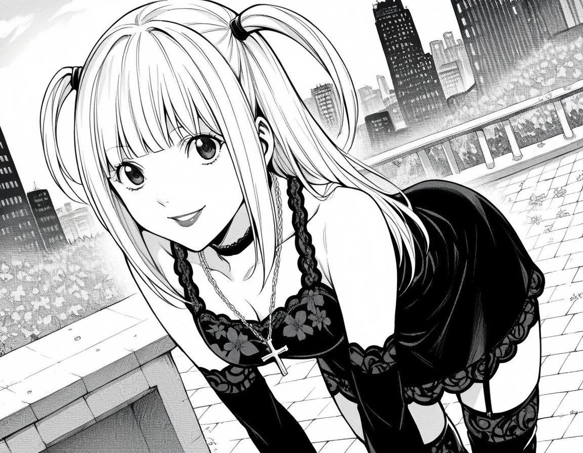 score_9, score_8_up, score_7_up, source_anime,
misaamane, <lora:misa-amane-manga-ponyxl-lora-nochekaiser:1>,
misa amane, long hair, bangs, blunt bangs, two side up, lipstick,
thighhighs, dress, jewelry, collarbone, boots, detached sleeves, choker, black thighhighs, necklace, black footwear, black dress, sleeveless dress, garter straps, black choker, short dress, floral print, cross, cross necklace,
outdoors, cityscape, smile, bent over,
looking at viewer, cowboy shot, solo, dutch angle, greyscale, monochrome,