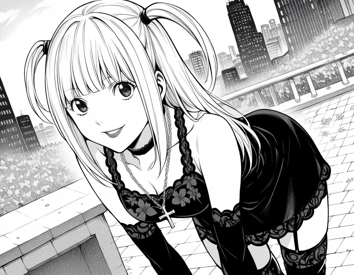 score_9, score_8_up, score_7_up, source_anime,
misaamane, <lora:misa-amane-manga-ponyxl-lora-nochekaiser:1>,
misa amane, long hair, bangs, blunt bangs, two side up, lipstick,
thighhighs, dress, jewelry, collarbone, boots, detached sleeves, choker, black thighhighs, necklace, black footwear, black dress, sleeveless dress, garter straps, black choker, short dress, floral print, cross, cross necklace,
outdoors, cityscape, smile, bent over,
looking at viewer, cowboy shot, solo, dutch angle, greyscale, monochrome,