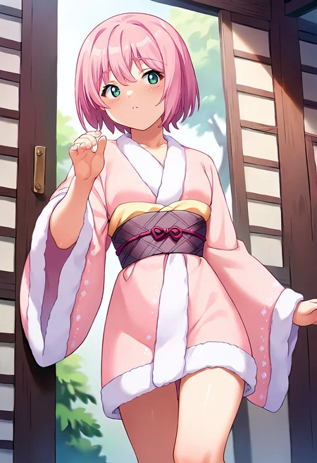 score_9, score_8_up, score_7_up, masterpiece, source_anime 1girl, ct_m0m0, aqua eyes, pink hair, short hair, fur-trimmed kimono, light pink short kimono, bare legs, obi, looking at viewer, indoors, wooden wall, hand up, blush, <lora:SaotomeMomo_Pony_ct_ver2:1>