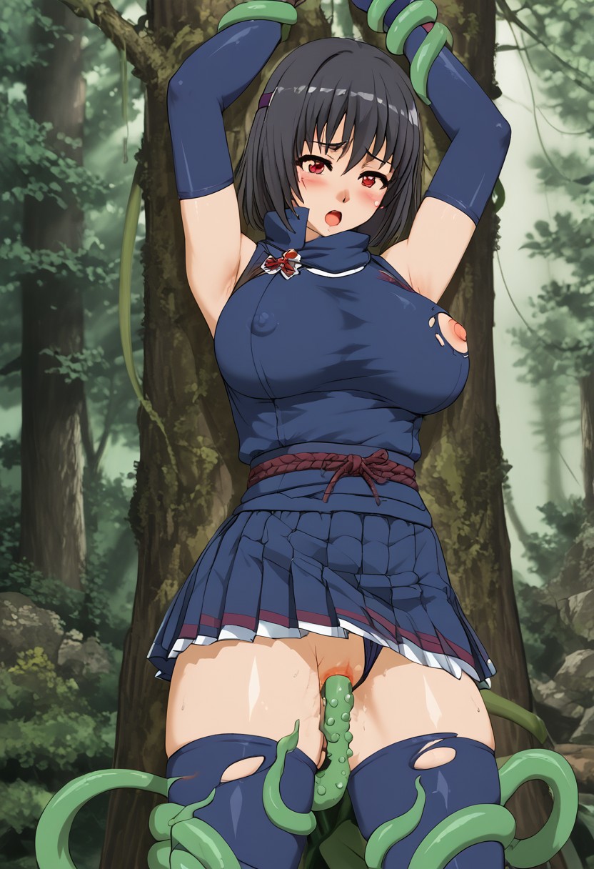 score_4,score_5,score_6,score_7_up,score_8_up,score_9 ((masterpiece,best quality,ultra detailed,highres,HD,4k:1.2)), 1girl, 1 boy,hetero,  black hair, short hair, red eyes,huge breasts, large breasts,
red eyes,dark blue,thighhighs, gloves, elbow gloves,dark blue ninja outfit, short tight skirt,purple,headband,Purple-hued clothing,
torn clothes,clothing aside,panties aside,
Nature, natural background,
tentacles,perfect pussy,perfect nipples,tentacle sex,standing,inserting tentacles into pussy,restrained by tentacles,tied up by tentacles,
blush,open mouth,orgasm,