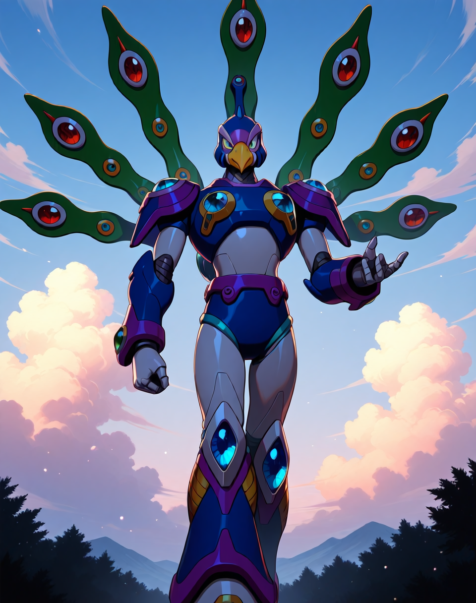 <lora:Cyber_Peacock_(Mega_Man_X)_(Illustrious)_(AD):1> Cyber Peacock, reploid, MMX, 
exterior, blue sky with clouds,
male focus, intense shadows, dynamic shadows, intricate details, attention to details, gradient coloring, bright vivid colors, robot, beak, sexy smile, half closed eyes, effeminate, narcissist, mid shot, 
BREAK very awa, masterpiece, best quality, amazing quality, very aesthetic, highres, absurdres, 
EZRealPONYXL, zPDXL, Smooth Quality, lazynsfw,