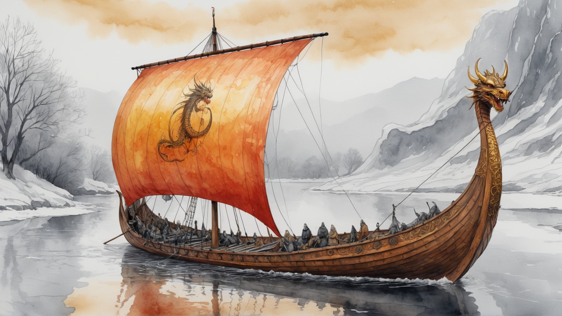 pen and ink wash, macro view of a Viking ship with a dragon painted on the sail, sailing in a river landscape, winter, fiery, intricate, decorated with goldleaf <lora:Viking_Ship:0.5>