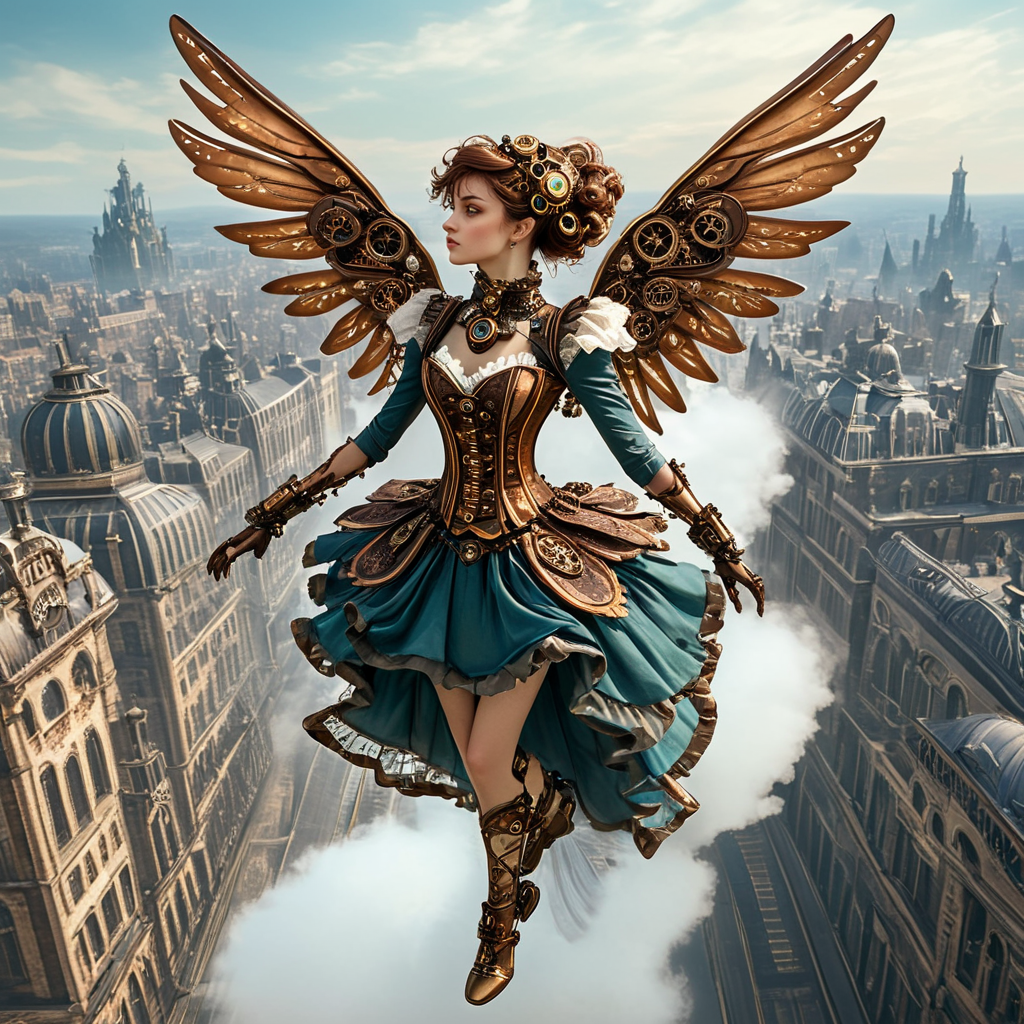 <lora:Rococo_Steampunk_SDXL:1> ArsMJStyle, Rococo Steampunk,  mechanical wings, flying, cityscape, steam-powered, dress, rococo, steampunk, woman, solo, aerial, movement