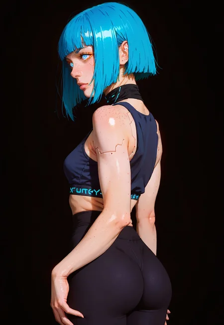 score_9, score_8_up, score_7_up, black background, 1girl, cowboy shot, blue eyes, glowing eyes, bob hair, blue hair, cyberpunk, sleeveless, yoga pants, highlights, freckles, fringe, glowing, thigh gap, back view, wide hips, fit, side view, posing, artistic, 1ly4, sinozick style, lineart