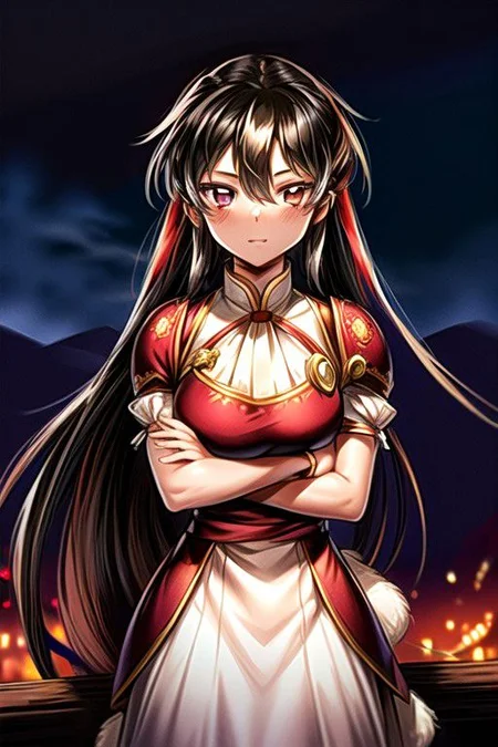 best quality 1girl Setsun4 solo long hair, (night time) forest background black hair very long hair purple eyes multicolored hair armor, small, (fur trim) (medium body),<lora:EMS-179-EMS:0.800000>,<lora:EMS-293862-EMS:0.800000> bow, hair_bow, hair_tubes, red_bow, brown_hair, long_hair, bangs, ascot, frilled_bow, yellow_ascot, blush, smile, hair_between_eyes, athletic, armor, miko, ,(((intricate outfit,intricate clothes,embroidered outfit,ornate outfit,embroidered clothes,ornate clothes))), strengthmda, crossed arms,