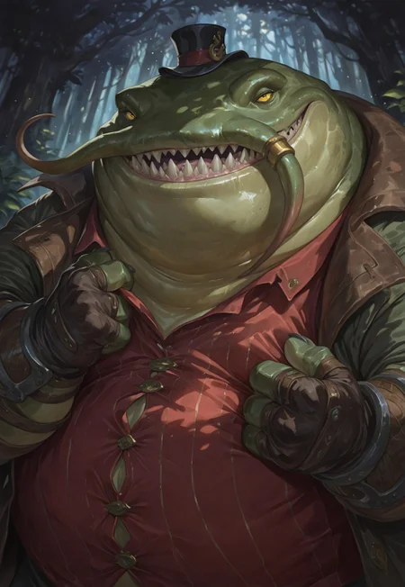 solo, male, male focus. (TahmLOL), watercolor \(medium\), traditional media, huge, tahmkench, catfish, green skin, yellow eyes, fat, obese, fingerless gloves, red shirt, top hat, bracer, coat, sharp teeth, grin, upper body, BREAK, highres, masterpiece, best quality, amazing quality, very awa, absurd res, newest, very aesthetic, year 2024, absolutely eye-catching, intricate details, digital-quality, detailed background, perfect anatomy, detailed face, detailed eyes