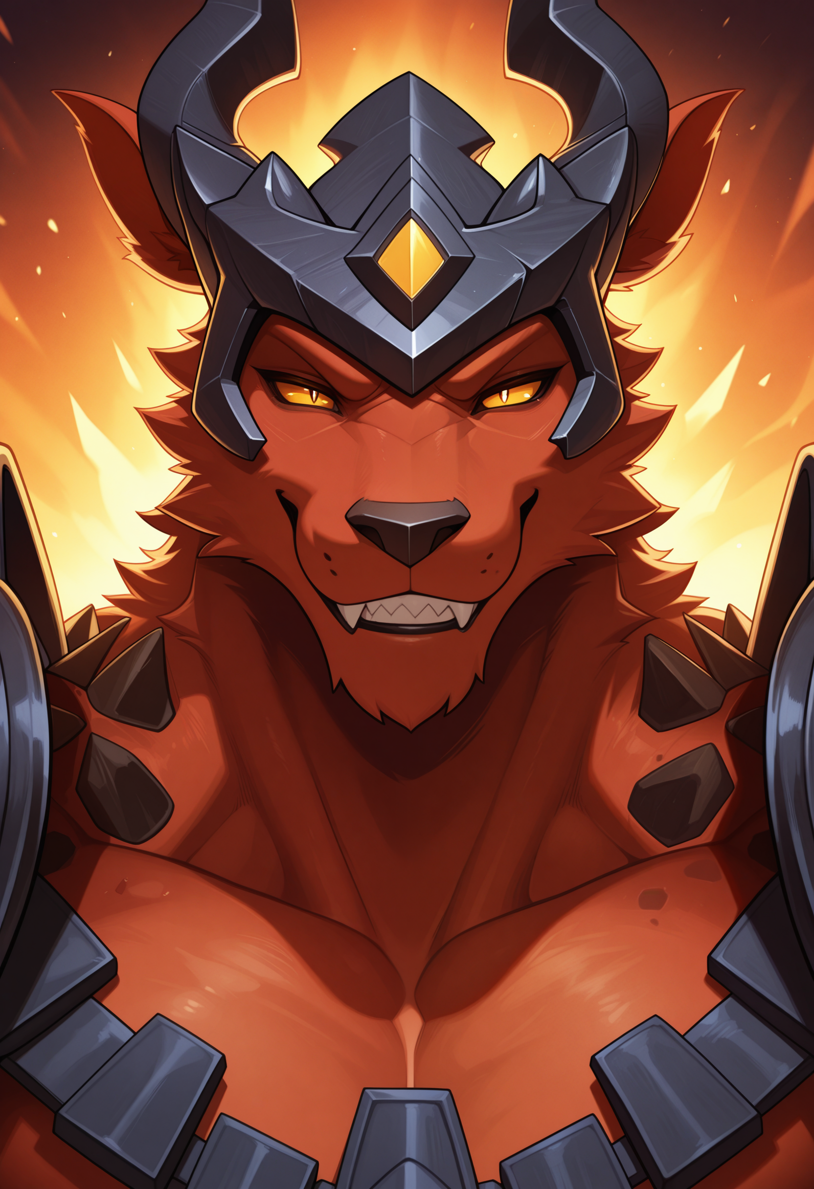 masterpiece, best quality, amazing quality, solo, 1boy, IFNasus, Helmet, shoulder armor, smile, close-up