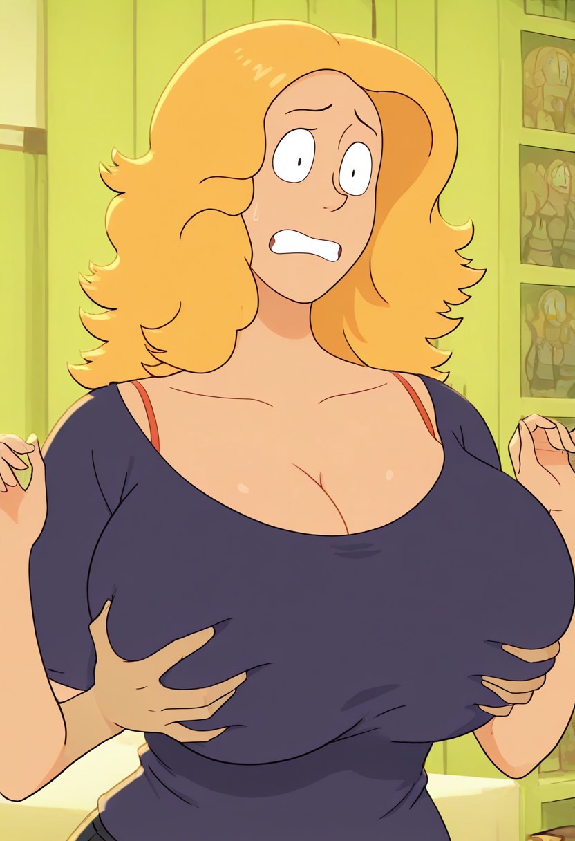 official art accurate,
1girl,blonde hair,looking at viewer
short sleeves, , breasts, indoors, shirt, jewelry, bra strap
black shirt,w arms
,huge breasts,blue shirt,cleavage,black pants,looking at viewer, breast grab),  grab, deep skin, shocked,confused, surprised,scared,clenched teeth, bedroom, looking at viewer, upper body, 1boy, breast grab by another