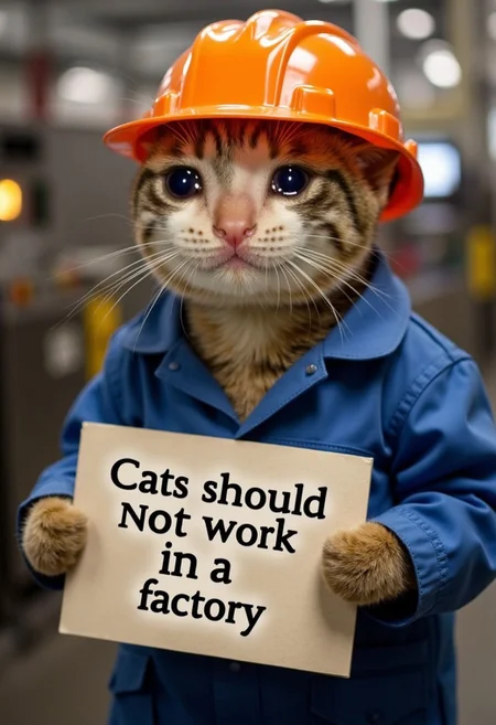 realistic photo of crying cat wearing blue worker jacket and orange hat hat on a factory,
Holding sign "Cats should not work in a factory"