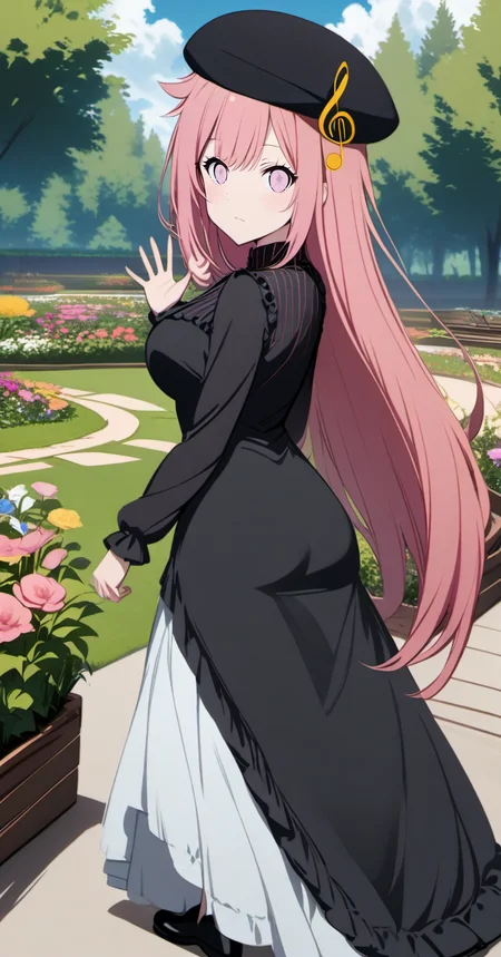 priscadys,mainoutfit,1girl, solo,cowboy shot)),pink hair, ((pink eyes)), long hair, breasts,, bangs, medium breasts, very long hair, closed mouth, <loractl:priscadys_v1_33:.8,0@.6> , hair flaps, breasts,black headwear, beret,treble clef, dress,long sleeves,black sleeves,shirt,black shirt,((black_dress)) ,long_dress,striped,musical note, frills,frilled dress, skirt,white_skirt,outdoors,garden, flower,trees,blue sky, clouds,day,((lower body)), waving, hand up, feet out of frame, large breasts, black footwear, long skirt, ((from behind, ass))