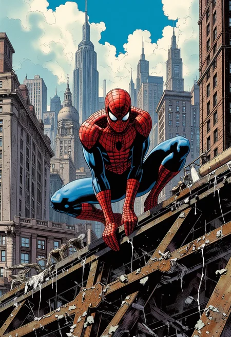 comic book style, Spiderman, crouching down, spider-man pose, back to camera, facing away, male toned body, perched on top of a high metal construction site, spiderman mask, overlooking manhattan, buildings, somber moment, skyscrapers, looking down, detailed background, day time, wide shot, foreshortened perspective, 3-point perspective, dutch angle.