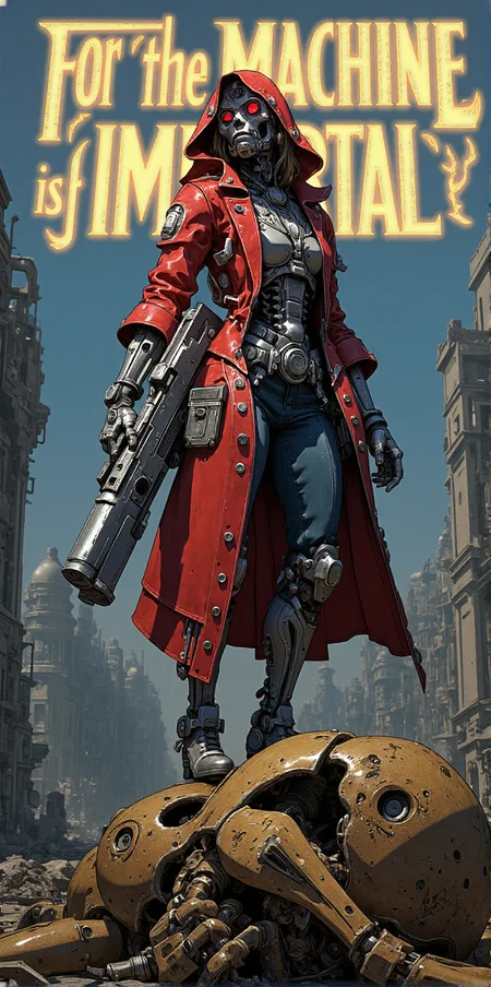 anime style, adeptus mechanicus shiny metal cyborg woman in long hooded red trench coat with white ornaments and long metal tool tubes on back, and cyborg mask, heavy bolter in hand, standing on top of destroyed necron bronze metal skeleton, ruined city, warhammer 40k, ("For the MACHINE is IMMORTAL" text written on top of picture in glowing gothic letters:1.2) <lora:CPA:1> <lora:BLUE_mk4_angel_FLUX_01:1> <lora:Bolter_-_Warhammer_40000_Flux:1.7>