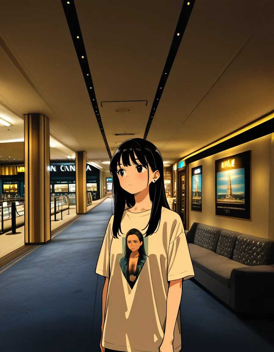 score_7_up, anime BREAK official art, solo, 1girl, one girl,
Black hair, (chest length hair:1.2), Straight Hair, bangs, one tucked behind ear, black eyes, feature large highlight, feature double highlights, shaped eyeblow,
<lora:Shopping_Mall-000006:1>, Shopping Mall, photo background, real world location,
scenery, real world location, indoors, ceiling light, cinema complex, carpeted floor, sofa, sign,
(masterpiece:1.3), best quality, high resolution, unity 8k wallpaper, extremely detailed CG, 8K, (watercolor \(medium\), muted color, sketch:1.1), perfect anatomy, highly finished, masterpiece, best quality, high quality, amazing quality, great quality, very aesthetic, ultra detailed, highres, absurdres, highly detailed, highly detailed background,