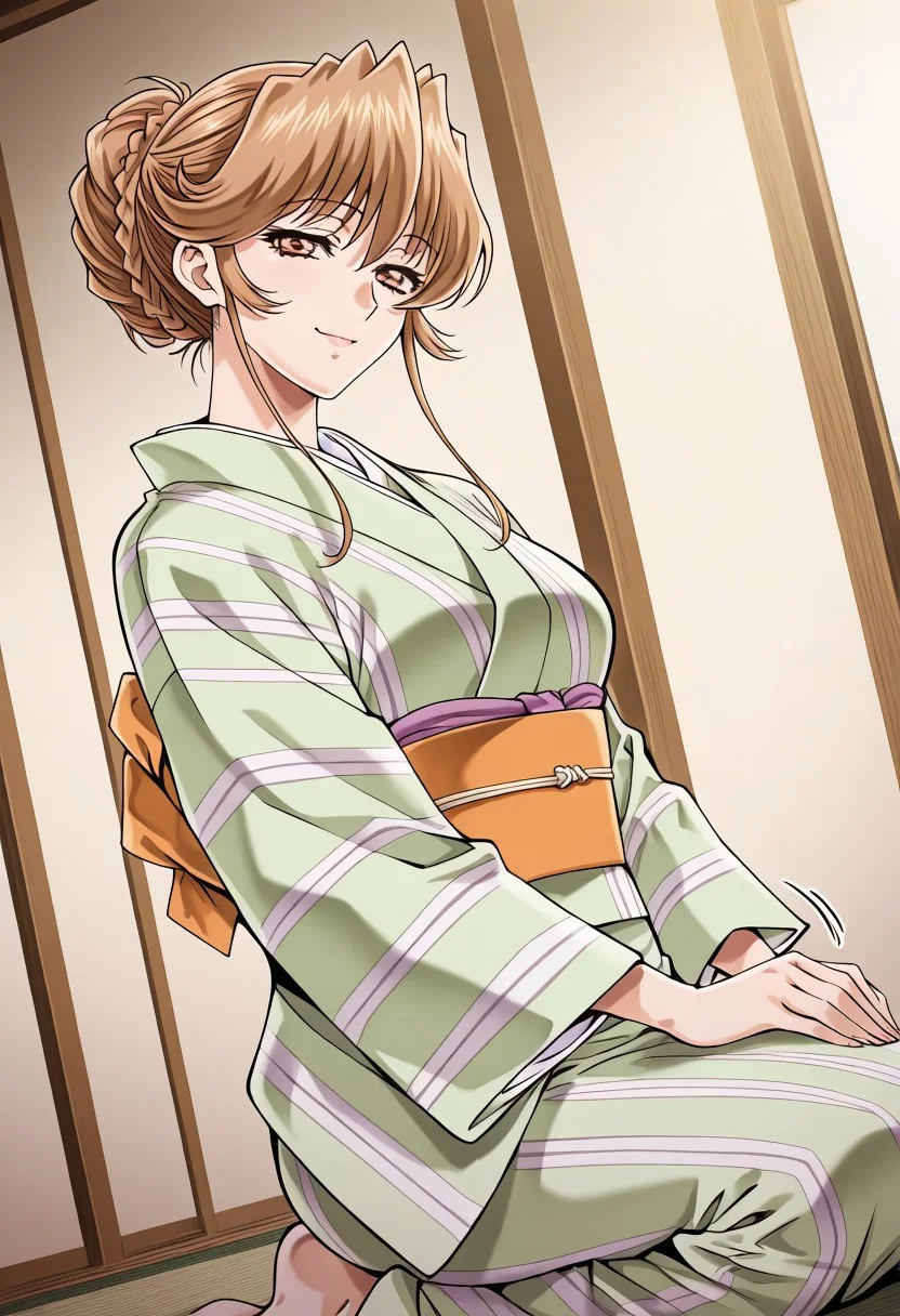 masterpiece, best quality, newest, highres, uncensored, 1girl, yokota mamoru style,1girl, slender face,motion lines, ,Sendou Nana,light Brown Hair, Long hair,Brown Eyes,slim
hair bun, single hair bun, braid, french braid,japanese clothes, kimono, sash, obi, green kimono,indoors, sitting, seiza,looking at viewer, cowboy shot, solo, dutch angle,seductive smile,torogao