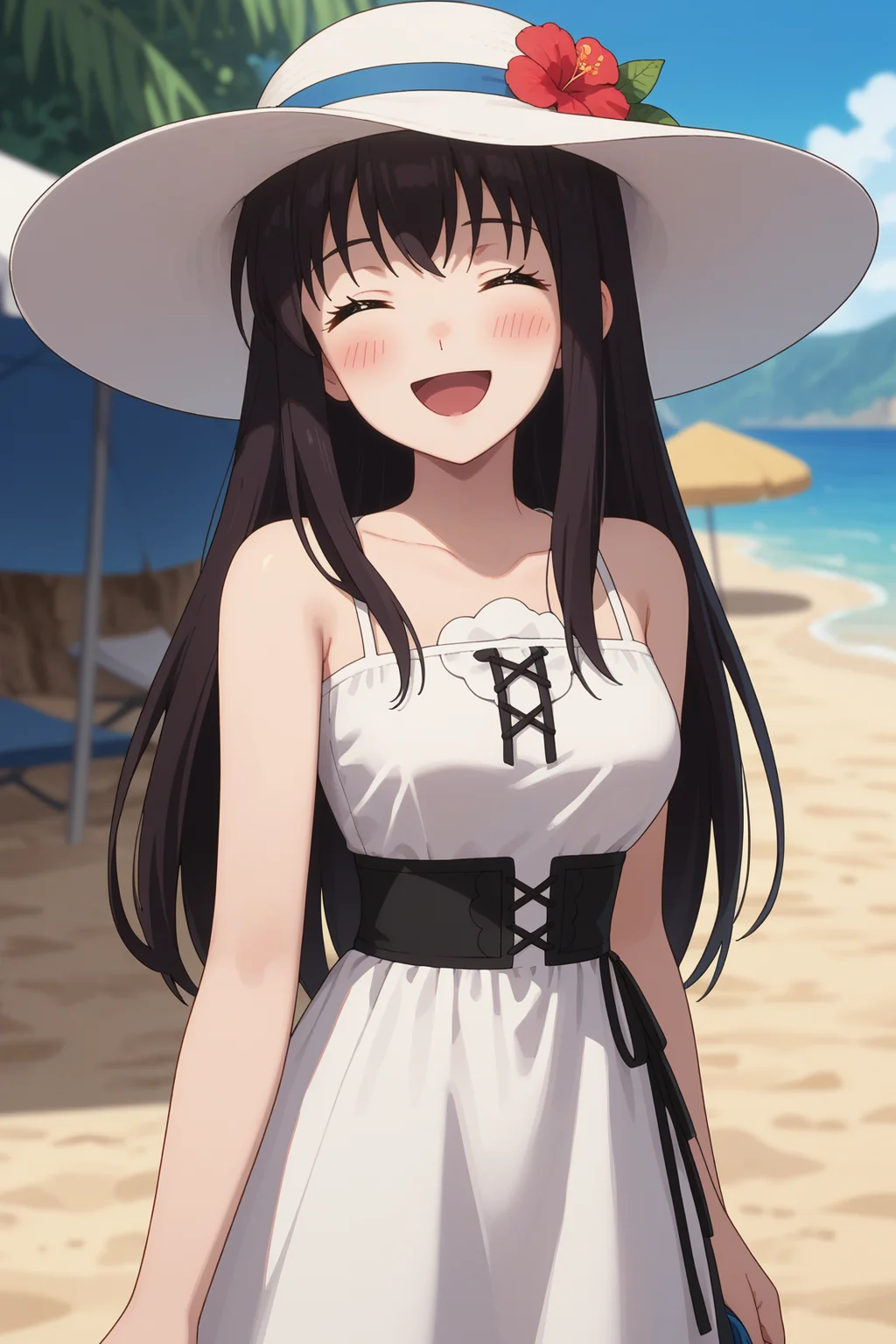 <lora:celeste_izo:0.85>
score_9, score_8_up, score_7_up, 1girl, solo,
celeste, long hair, black hair, closed eyes,
medium breasts, white sundress, frilled long dress, bare shoulders, white hat, sunhat,
open mouth, smile, happy, laughing,
blush, looking at viewer, cowboy shot, standing,
beach, blurry background,