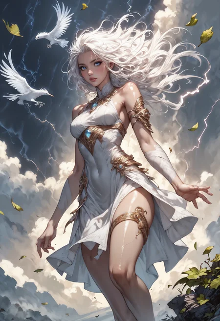 score_9, score_8_up, score_7_up, 1 girl, Air Elemental girl, swirling air, hovering among the clouds, air, gold jewelry, thigh strap, shiny skin, blush, beautiful face, blue eyes, white hair, floating hair, gentle breeze, white skin, white sexy sheer dress, dutch angle, bottomless, pink fingernails, moonlight, stormlight, green leaves, flying leaves, lightning, wind, swirling wind currents, lightning bird, magical elements, high fantasy <lora:Expressive_H-000001:0.8>, expressiveH <lora:Fant5yP0ny:0.9> <lora:Pony_DetailV1.0:0.9> <lora:PonyAirElementals:0.6>