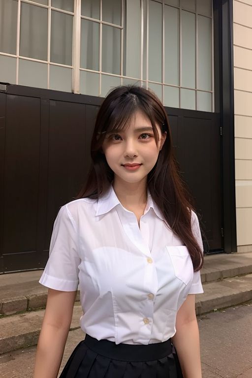 vanessa, kghsv3, black skirt, breast pocket, pleated skirt, school uniform, white shirt, shirt tucked in, short sleeves, extremely detailed, realistic, high quality, masterpiece