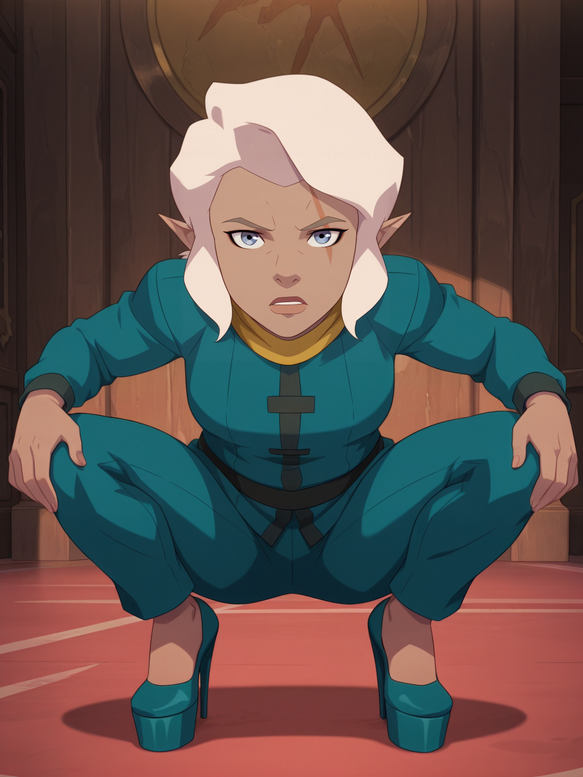 <lora:PikeIL:0.9> p_ke, 1girl, gnome, short body, white hair, short hair, bun hair, blue eyes, elf ears, scar on eye,
looking at viewer, squatting, front view, spreading legs, platform high heels