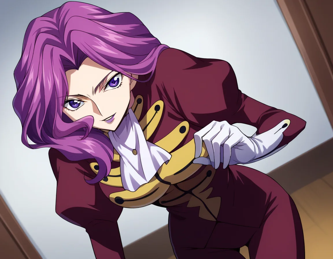 score_9, score_8_up, score_7_up, source_anime,
cornelialibritannia, <lora:cornellia-li-britannia-s1-ponyxl-lora-nochekaiser:1>
cornelia li britannia, purple eyes, purple hair,
ascot, gloves, juliet sleeves, lipstick, long sleeves, makeup, pants, puffy sleeves, purple lips, red pants, red shirt, shirt, white ascot, white gloves,
indoors, smile, bent over,
looking at viewer, dutch angle, cowboy shot, solo,